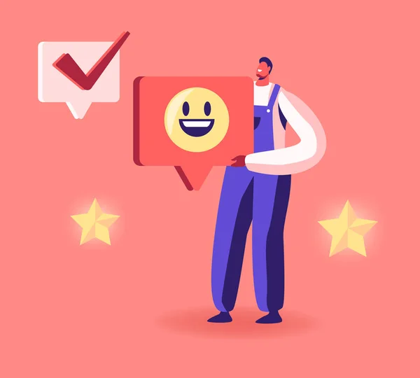 Hombre alegre usando una túnica de trabajo sosteniendo una enorme sonrisa Inicia sesión con las manos con Rating Star y revisa los iconos de Mark. Hombre Carácter dando gracias en las redes de Internet Dibujos animados plana Vector Ilustración — Vector de stock