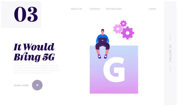 Kommunikationsdienstleistungen für Gadgets, intelligente Technologien Website Landing Page. Mann mit Laptop mit 5g Internet für Geschäftsprojekte und Erholung Web-Seite Banner. Cartoon flache Vektorillustration — Stockvektor