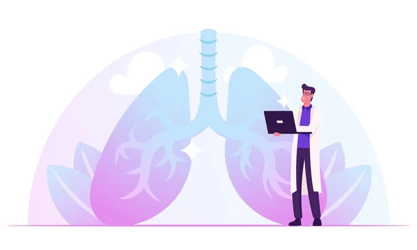 Pulmonología Doctor Trabajando en la observación de ordenadores portátiles Pulmones Imágenes de rayos X en la pantalla del ordenador Comprobación de los resultados del análisis. Cáncer de la neumonía de la tuberculosis de la fibrosis, ilustración plana de la historieta del vector del diagnóstico pulmonar — Archivo Imágenes Vectoriales