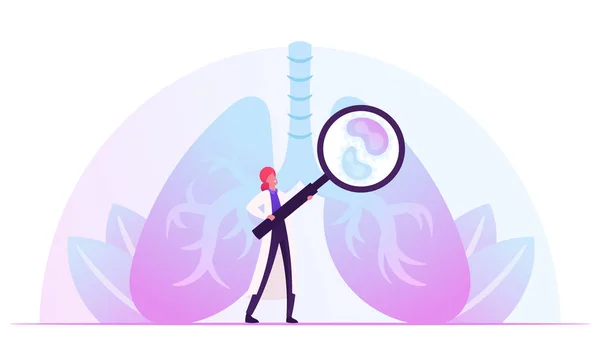 Respiratory Medicine, Healthcare and Pulmonology Concept (en inglés). Doctor Checking Human Lungs with Magnifying Glass Search Pathology. Cuidado médico pulmonar, ilustración plana del vector de la historieta de la anatomía — Archivo Imágenes Vectoriales