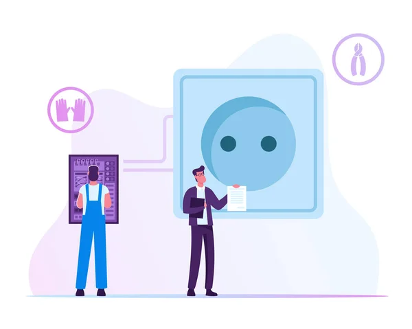 Energy and Electrical Safety Concept. Foreman Electrician Wearing Robe and Protective Gloves Examine Working Draft or Measures Voltage at Dashboard near Wall Socket. Cartoon Flat Vector Illustration — Stock vektor