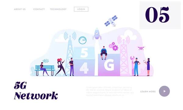 5g and 4g Network Wireless Technology Website Landing Page. People at Transmission Tower Using High-speed Mobile Internet at Digital Devices Gadgets Web Page Banner. Cartoon Flat Vector Illustration — Stock vektor