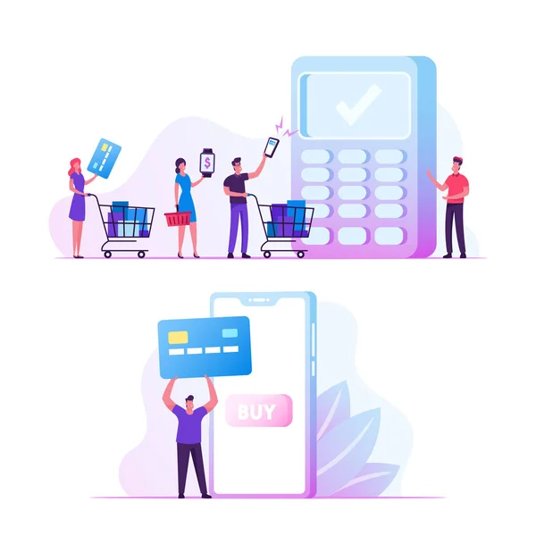 Online Payment Concept. Man Buyer Hold Credit Card for Paying in Smartphone. People with Purchases at Cashier Desk, Salesman Prepare Pos Terminal for Cashless Paying Cartoon Flat Vector Illustration — Stock vektor