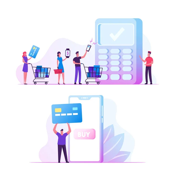 Concepto de pago en línea. Man Buyer Hold Tarjeta de Crédito para Pagar en Smartphone. Personas con compras en Cajero Escritorio, Vendedor Preparar Pos Terminal para pagar sin efectivo Dibujos animados plana Vector Ilustración — Archivo Imágenes Vectoriales