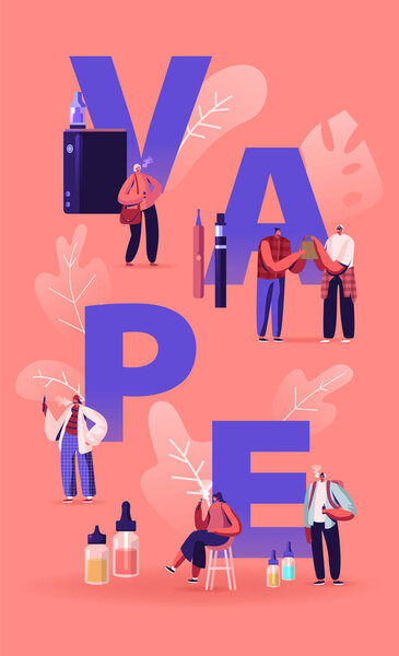 Vape Shop Business and Smoking Addiction Concept. Urban Hipster People Enjoying Vaping, Nicotine and Tobacco E-Cigarette Production Poster Banner Flyer Brochure. Cartoon Flat Vector Illustration