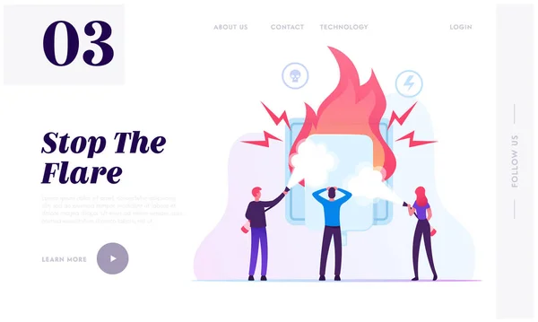 Electrical Safety Website Landing Page. People with Extinguishers Put Out Fire Electric Wiring Socket. Short Circuit Overload Electrical Connection Web Page Banner. Cartoon Flat Vector Illustration — 스톡 벡터