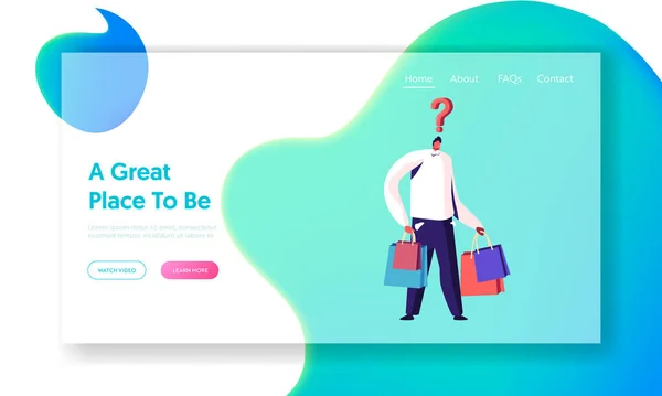 Sezónní prodej, Discount Website Landing Page. Mladý muž Shopaholic s otazníkem nad hlavou drží barevné nákupní tašky dělá nakupování v obchodě webové stránky banner Cartoon Flat Vector Illustration — Stockový vektor