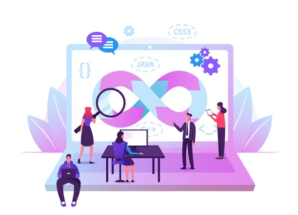 Devops Specialists Work Collaboration. Programmers and Businesspeople at Huge Laptop. Development Automation, Monitoring Cycles at All Steps of Software Construction. Cartoon Flat Vector Illustration — 스톡 벡터