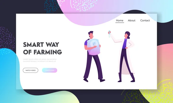 健康的なエコフードのウェブサイトランディングページ.水耕栽培の農家と科学者保育園や温室で働く植物の種まきと栽培ウェブページバナー漫画フラットベクトルイラスト — ストックベクタ