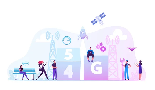 5g Technology Concept. Workers Set Up High-speed Mobile Internet in City, People near Transmitter Tower Using New Generation Networks for Communication and Gadgets. Cartoon Flat Vector Illustration — Stock vektor