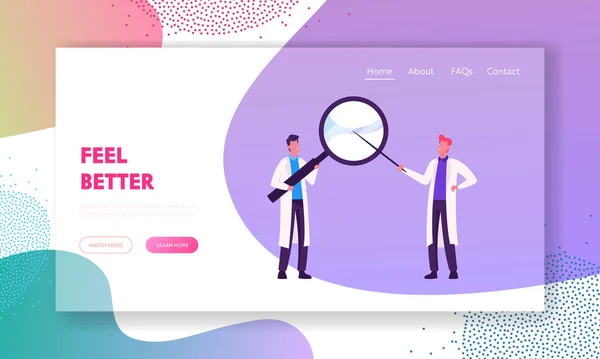 Hospital Healthcare Staff at Work Website Landing Page. Doctors Holding Huge Magnifier in Hands Pointing through Glass. Medicine Profession Occupation Web Page Banner. Cartoon Flat Vector Illustration — 스톡 벡터