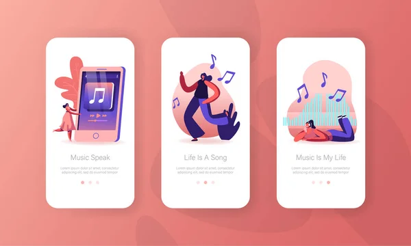 Young Women Dancing on Disco Party and Listen Music Mobile App Page Onboard Screen Set. Girl Spend Time Moving to Rhythm. Happy Leisure Concept for Website or Web Page Cartoon Flat Vector Illustration — 스톡 벡터