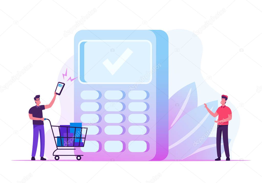 Man Buyer Holding Smartphone with Application for Online Payment Pushing Trolley with Purchases to Cashier Desk with Salesman Prepare Pos Terminal for Cashless Paying Cartoon Flat Vector Illustration