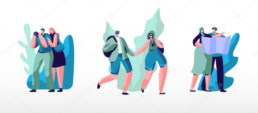Set of Young People with Backpacks, Photo Camera and Maps Traveling Abroad. Travel Agency Service, Exotic Country Traveling Trip, Summertime Vacation. Active Lifestyle Cartoon Flat Vector Illustration