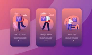Akıllı Ev Mobil Uygulama Sayfası Ekran Ayarları. İnsanlar Futuristik Yenilik, Kablosuz Kablosuz Wifi Teknoloji Sistemi, Web sitesi veya Web Sayfası için Nesnelerin Konsepti, Çizgi Film Düzey Vektör İllüstrasyonunu Kullanıyor