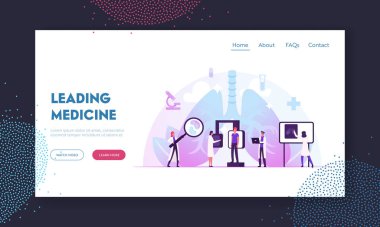 Pulmonoloji X-ray Tıbbi Teşhis Kontrol Sitesi İniş Sayfası. Doktor Hastaya Florografik Muayene Yapın, Hastalık Araştırma ve Tedavi Web Sayfası Afişi. Çizgi film Düz Vektör İllüstrasyonu