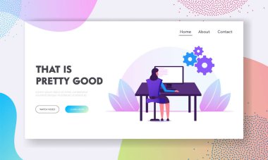 Devops Yazılım Geliştirme Uygulaması Metodoloji Web Sitesi İniş Sayfası. Ofiste oturan Kadın Geliştirici Bilgisayar Geliştirme Yazılım Web Sayfası Afişi üzerine çalışıyor. Çizgi film Düz Vektör İllüstrasyonu