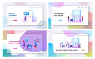 Cep Telefonu ve Card Web Sitesi İniş Sayfası Ayarlı Ödeme. Müşteriler Ödeme için Akıllı Aygıt Kullanıyor. Nakitsiz ödeme işlemi, Alışveriş Teknolojisi Web Sayfası Afişi. Çizgi film Düz Vektör İllüstrasyonu