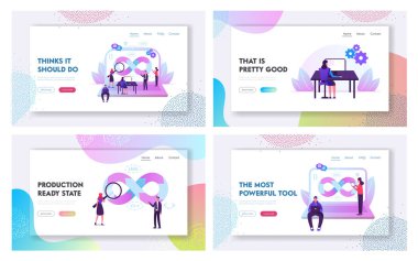 Devops Takım Çalışması Web Sitesi İniş Sayfa Kümesi. Programcı, Kullanıcı ve Yönetici Profesyonel Yazılım Desteği, Yazılım Geliştirme ve Yönetim Web Sayfa Banner. Çizgi film Düz Vektör İllüstrasyonu