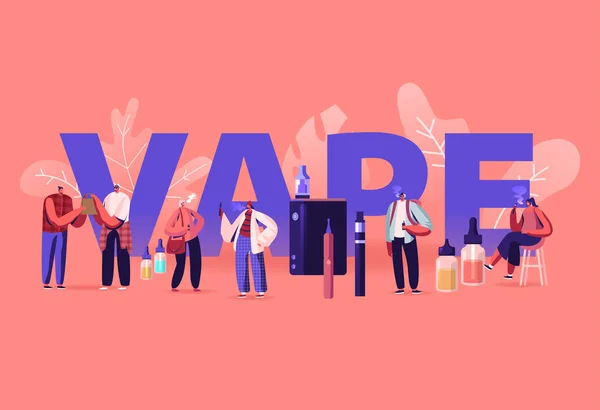 Vape Shop Business and Smoking Addiction Concept (em inglês). Povo Hipster Urbano Apreciando Vaping, Nicotina e Tabaco E-Cigarro Cartaz de Produção Folheto de panfleto de banner. Desenhos animados ilustração vetorial plana — Vetor de Stock