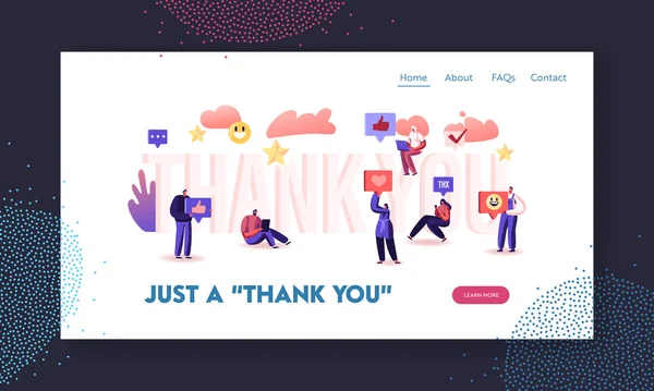 Dankbaarheid in Internet Website Landing Page. Abonnees en volgers met digitale apparaten in de buurt van Enorme Word Dank u. Social Media Networking Web Page Banner. Cartoon Flat Vector Illustratie — Stockvector