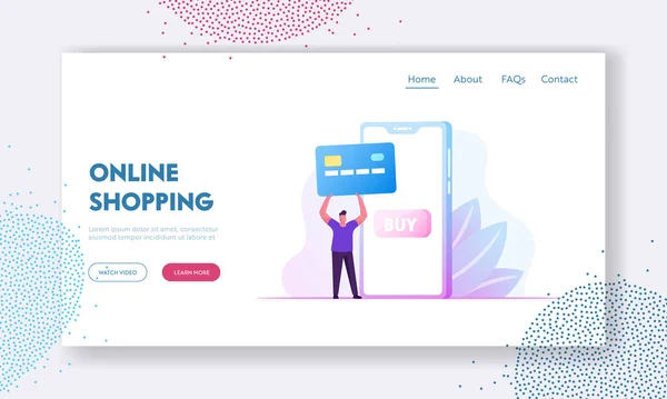 Διαδικτυακός τόπος πληρωμής Landing Page. Man Buyer Hold Credit Card Stand κοντά Smartphone με κουμπί Αγορά στην οθόνη στο σούπερ μάρκετ. Αγορές στο Internet Web Page Banner. Εικονογράφηση επίπεδου διανύσματος κινουμένων σχεδίων — Διανυσματικό Αρχείο