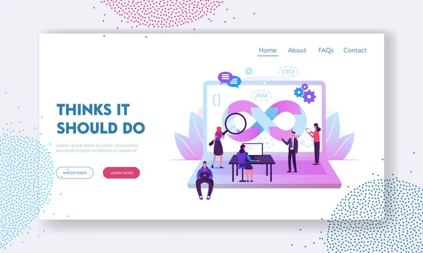 Devops Specjaliści Praca Współpraca Strona www Landing Page. Programiści i biznesmeni na ogromnym laptopie. Cykle rozwoju oprogramowania Budowa stron internetowych Banner. Ilustracja wektora płaskiego kreskówki — Wektor stockowy