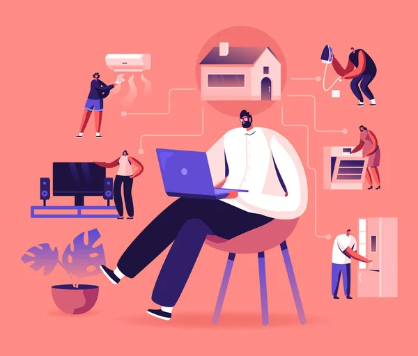 Internet of Things, Smart Home App Network Connection. Man Sitting on Chair with Laptop Control Household Devices Using Wireless Technologies Wifi and Iot Application. Cartoon Flat Vector Illustration — 스톡 벡터