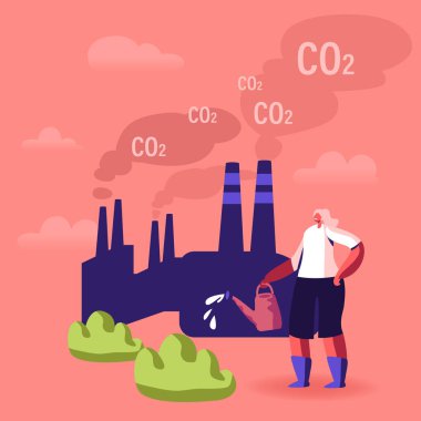 Küresel Isınma, Çevre Kirliliği, Küresel Isınma Etkisi Konsepti. Co2 gazı ve duman yayan fabrika borularına karşı Konserve 'den Su Veren Yeşil Bitkilerin Kadın Bakımı. Çizgi film Düz Vektör İllüstrasyonu