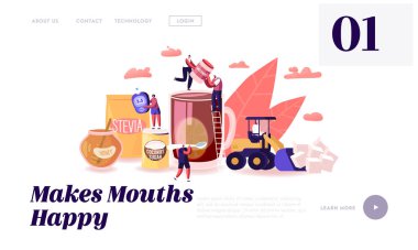 İnsanlar Doğal Tatlıları Yiyen İnternet Sitesi İniş Sayfası. Minik Karakterler Beyaz Şekeri Beslenme ve Bal Kullanım, Hindistan cevizi Özütü ve Stevia Eco Web Sayfası Afişi 'nden çıkartır. Çizgi film Düz Vektör İllüstrasyonu