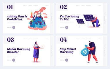 Küresel Isınma ve Doğa Kirliliği Sitesi İniş Sayfasını Durdur. Dünya atmosfer sıcaklığı yükseliyor, fabrika CO2 Gaz emisyonu, Plastik Çöp Ekolojisi Web Sayfası Afişi. Çizgi film Düz Vektör İllüstrasyonu