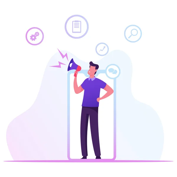 Referral Program, Blogolás vagy közösségi média hálózati koncepció. Man with Megaphone in Hands Stand at Smartphone Screen Broadcasting Streaming Video Post, Közlemény Rajzfilm Flat Vector Illusztráció — Stock Vector