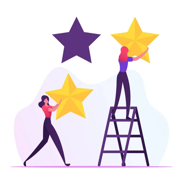 Rating, Quality and Business Ranking Concept. Vrouw op Ladder stopte gouden sterren in gaten. Klantenbeoordeling, feedback van de klantenservice of tevredenheidsniveau Cartoon Flat Vector Illustratie — Stockvector