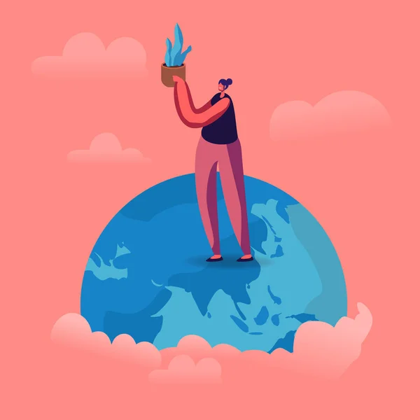 Jonge vrouw staat op Aarde Globe Holding Potted Plant in handen. Red het Planeet Concept. Het probleem van de opwarming van de aarde en de vervuiling van de natuur. Vrijwilliger Zorg van Milieu Cartoon Flat Vector Illustratie — Stockvector