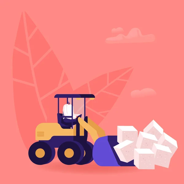 Man Loading Huge Cubes of White Sugar with Excavator Removing Unhealthy Product from Nutrition. People Conducting Healthy Lifestyle, Care of Body Health Use Sweeteners Cartoon Flat Vector Illustration — Stock vektor