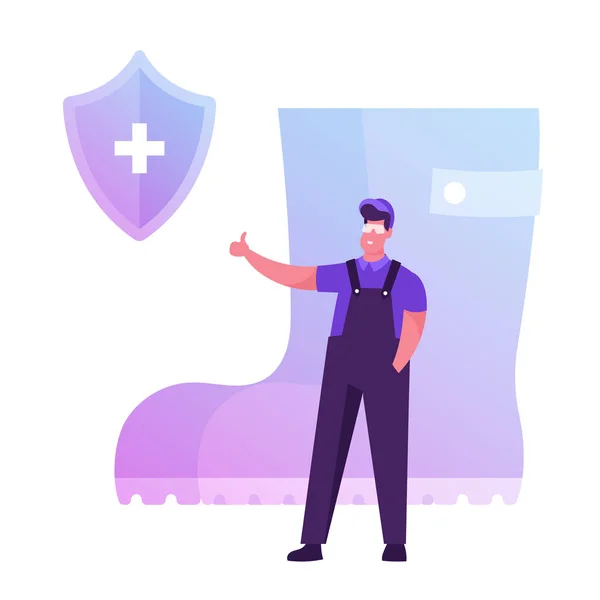 Keselamatan Pekerja Hidup dan Kesehatan pada Industri Manufaktur, Hse. Man Contractor in Worker Overalls Showing Thumb Up Standing at Huge Rubber Boot, Shield with Cross Icon Cartoon Flat Vector Illustration - Stok Vektor