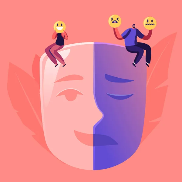 Homme et femme assis sur un énorme masque séparé sur des émotions opposées avec des parties souriantes et tristes pleurs. Personnage Féminin Masculin Couverture Visage avec Sourires. Hypocrisie Concept Dessin animé Illustration vectorielle plate — Image vectorielle