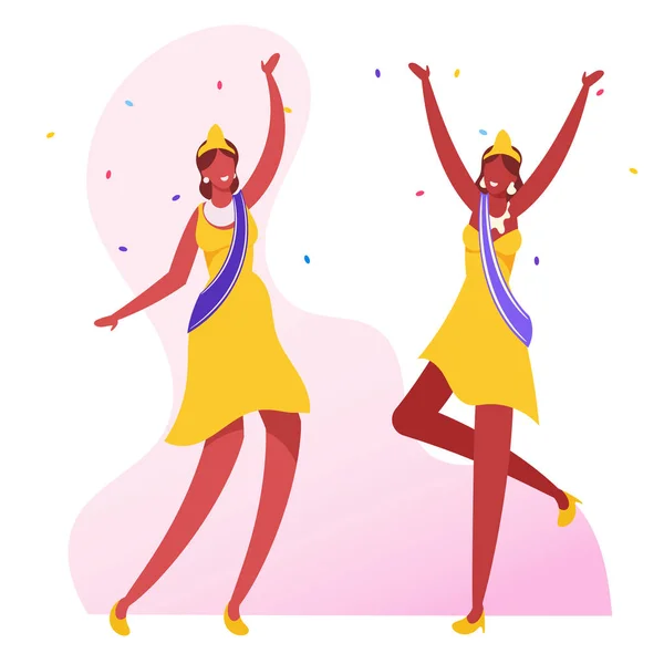 Женщины носят праздничные платья, короны и ленты на белом фоне. Девушка танцует на карнавале в Рио-де-Жанейро. Бразильская танцовщица самбы Miss Beauty Cartoon Flat Vector Illustration — стоковый вектор
