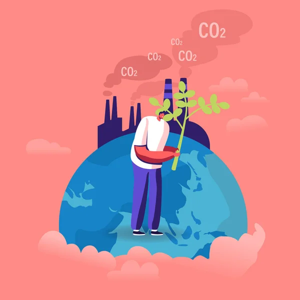 Ecological Issues, Global Warming, Environment Care, Day of Earth Concept. Man Stand on Earth Globe Planting Tree near Factory Emitting CO2 Gas Volunteer Saving Nature Cartoon Flat Vector Illustration — 스톡 벡터