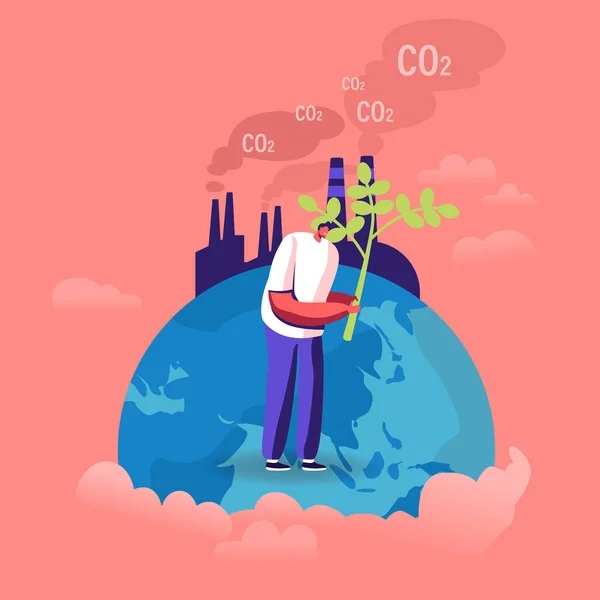 Ecologische kwesties, opwarming van de aarde, milieuzorg, concept van de Dag van de Aarde. De mens staat op Aarde Globe Planting Tree in de buurt van fabriek emitterende Co2 Gas Vrijwilliger Saving Nature Cartoon Flat Vector Illustratie — Stockvector