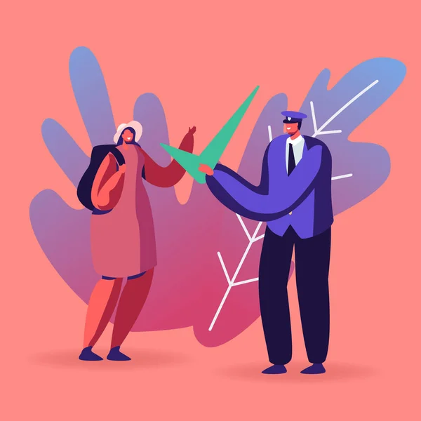 Visa Approval and Traveling Concept. Passport Control Worker in Uniform Giving Huge Green Check Mark to Woman Tourist with Backpack Leaving Country for Trip Abroad Cartoon Flat Vector Illustration — 스톡 벡터