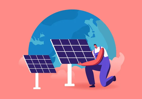 Green Energy, Global Warming and Environment Problems Concept. Man Set Up Solar Panel against Earth Globe. Renewable Power of Sun, Clean Electricity Development Cartoon Flat Vector Illustration — 스톡 벡터