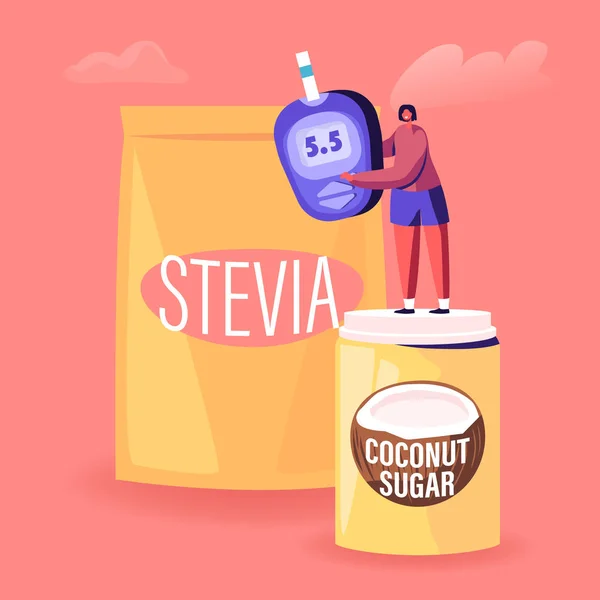 Kleine vrouwelijke karakter staan op kokossuiker doos in de buurt van Stevia Package Holding Blood Glucose Meter Toont een goede gezonde indicator. Natuurlijke zoetstoffen voor diabetici Cartoon Flat Vector Illustratie — Stockvector