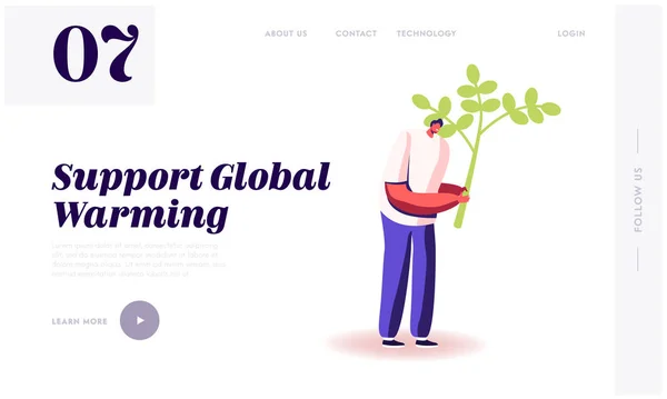 Ecological Issues, Global Warming, Environment Care, Day of Earth Website Landing Page. Man Planting Tree to Reduce Emitting CO2 Gas and Saving Nature Web Page Banner. Cartoon Flat Vector Illustration — 스톡 벡터