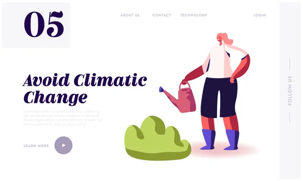 Global Warming, Environment Pollution, Global Heating Impact Site Landing Page. 妇女观察和照料绿色植物以避免气候变化网页横幅。 卡通平面矢量图解 — 图库矢量图片