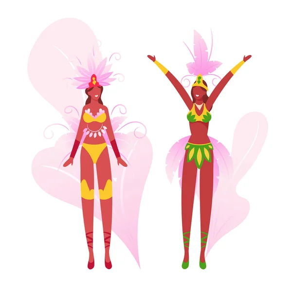 Cultura Brasileira, Carnaval no Rio de Janeiro. Brasil Samba Dancer Women Wearing Festival Costume with Colorful Feather Peacock Tail Isolado em fundo branco. Desenhos animados ilustração vetorial plana —  Vetores de Stock