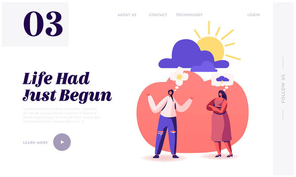 Pessimist and Optimist Girl Friends Communicate Website Landing Page. Couple of Women Having Different Point of View and Life Attitudes. Sun and Cloud Web Page Banner. Cartoon Flat Vector Illustration