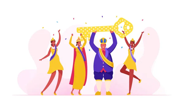 Rey del Carnaval de Río con vestido real festivo y corona sosteniendo una enorme llave dorada por encima de la cabeza, bailarinas brasileñas posando en vestidos coloridos y ganadores Cintas Dibujos animados Vector plano Ilustración — Vector de stock