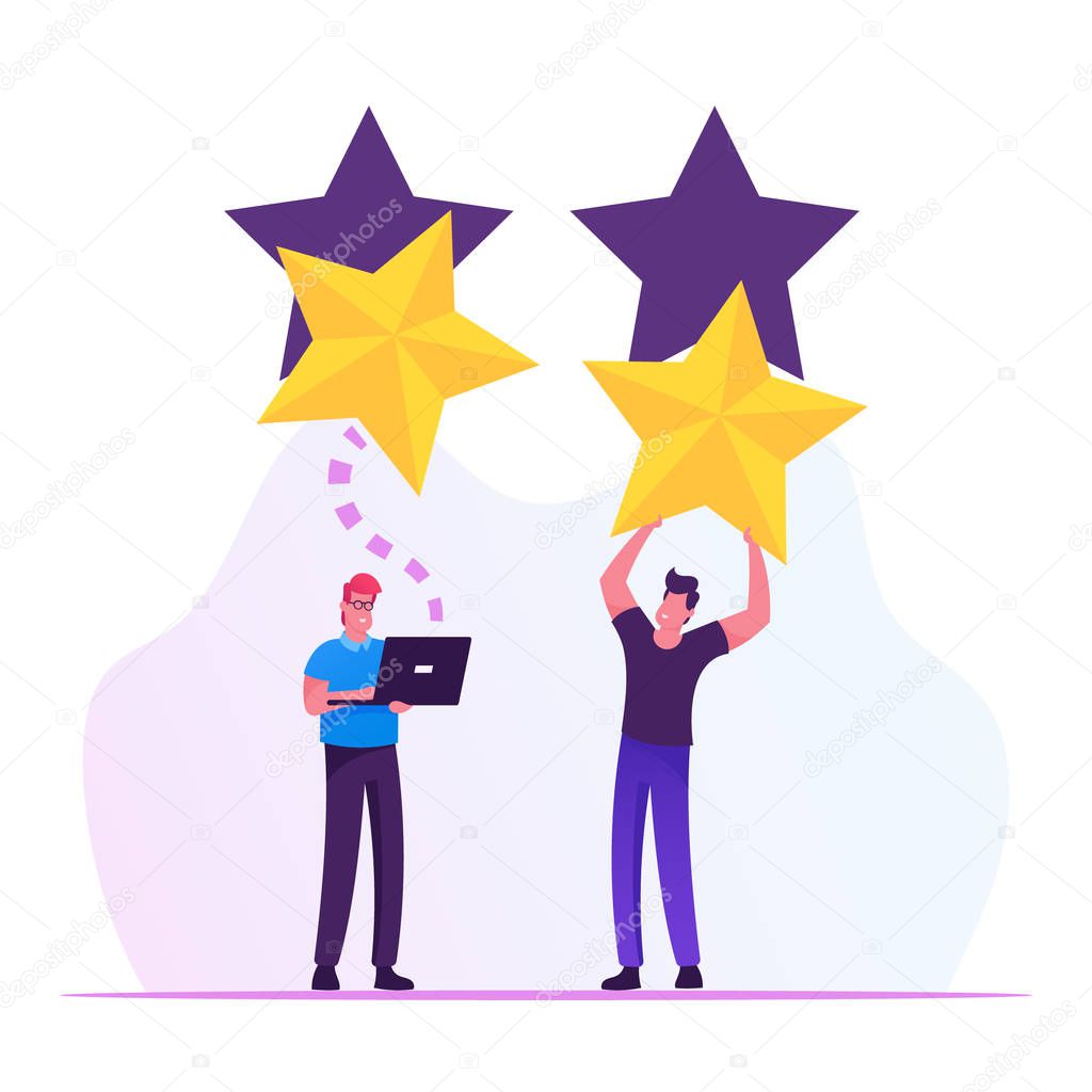 Ranking Evaluation and Classification Concept. Businessmen Click on Golden Stars to Increase Rating. People Give Review and Feedback for Services in Mobile App. Cartoon Flat Vector Illustration