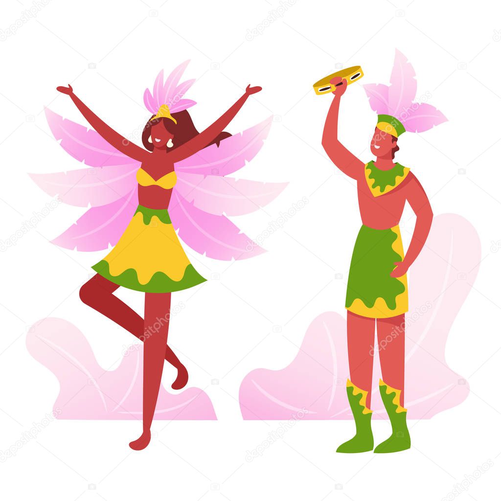 Brazilian Tambourine Player Singing and Playing, Girl Dancer Performing Samba at Rio Carnival. Artists on Traditional Folk Festival. Culture Performance with Drum Cartoon Flat Vector Illustration